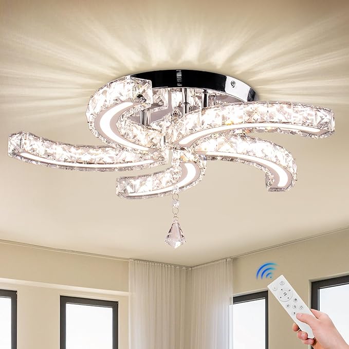 19.7" Dimmable Crystal Chandeliers Modern Crystal Ceiling Light Fixtures Acrylic 5 Arms Led Flush Mount Ceiling Light Lamp for Dining Room Living Room Bedroom Hallway Remote Control