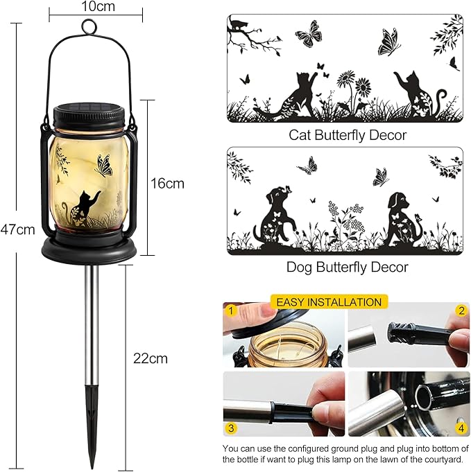 2 Pack Outdoor Hanging Solar Lantern, Cat & Dog Butterfly Vintage Glass Mason Jar, Birthday Mothers Day Gifts for Mom, Grandma, Women, Waterproof Garden Lights for Patio Yard Lawn Tree Decor