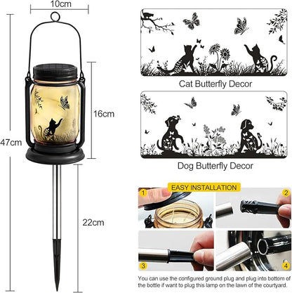2 Pack Outdoor Hanging Solar Lantern, Cat & Dog Butterfly Vintage Glass Mason Jar, Birthday Mothers Day Gifts for Mom, Grandma, Women, Waterproof Garden Lights for Patio Yard Lawn Tree Decor