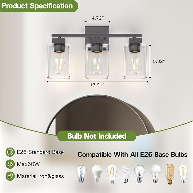Matte Black Bathroom Vanity Light, 3-Light Vanity Lighting fixtures Over Mirror, Square Design & UL Certification, Wall Sconces with Clear Glass Shades, E26 Socket (Bulbs Not Included)