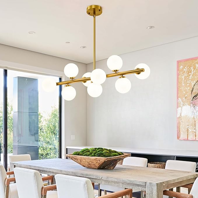 Mid Century Modern Sputnik Chandeliers: 9-Light Linear Brass Gold Dining Room Light Fixture - 40" Long Milk White Glass Globe Modern Pendant Chandelier Lighting for Living Room Kitchen Island Table