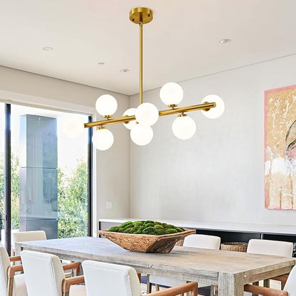 Mid Century Modern Sputnik Chandeliers: 9-Light Linear Brass Gold Dining Room Light Fixture - 40" Long Milk White Glass Globe Modern Pendant Chandelier Lighting for Living Room Kitchen Island Table