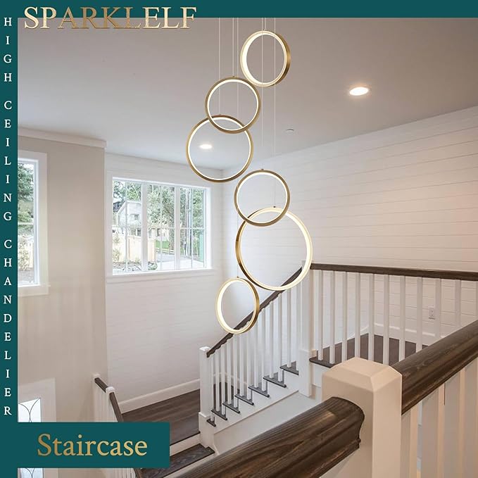 6 Rings Modern LED Chandelier for High Ceiling Dimmable Gold Contemporary Pendant Light Fixture Long Foyer Chandelier for Entryway Staircase Dining Room Living Room, 3000-6500K