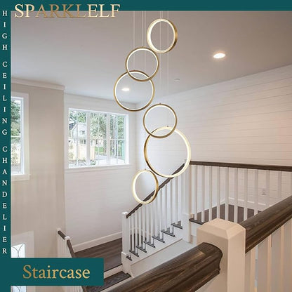 6 Rings Modern LED Chandelier for High Ceiling Dimmable Gold Contemporary Pendant Light Fixture Long Foyer Chandelier for Entryway Staircase Dining Room Living Room, 3000-6500K