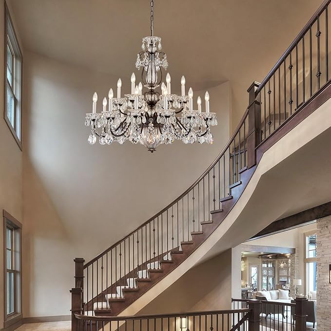 Vintage 2 Layers Crystal Chandelier for High Ceilings, 18-Light Brown Chandelier, Pendant Ceiling Light Fixture for Living Room Hallway Lobby Foyer Entrance Hotel Banquet Hall, Dia 37"