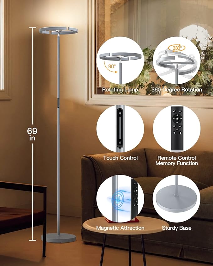 SIBRILLE Silver Floor Lamps for Living Room, Stepless Dimmable Standing Lamp with Touch Remote Control, 22W Rotatable LED Floor Light Tall Uplighter for Bedroom Office, 69'' Modern Room Light