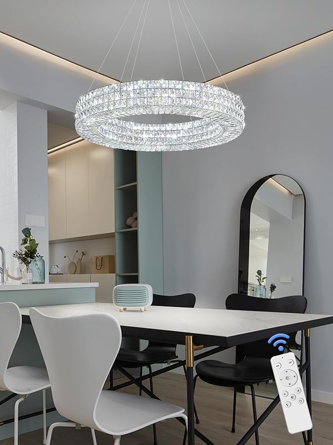 ykolupty Dia 24" Modern Crystal Chandelier Silver Ring Chandelier Adjustable Height Luxury Crystal Pendant Ceiling Light Fixture for Dining Living Room Bedroom