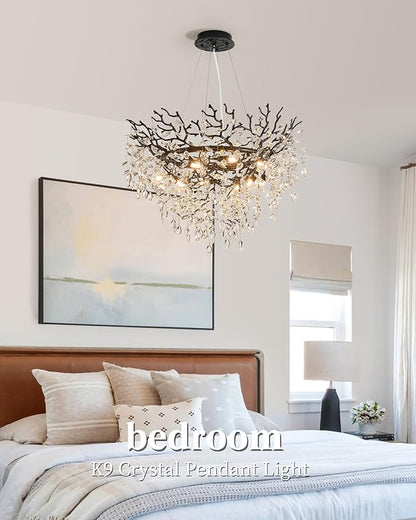 Modern Crystal Chandelier for Dining Room, 31.5" Black Tree Branch Chandeliers, 10-Light Luxury K9 Crystal Round Chandeliers for Kitchen Island Living Room
