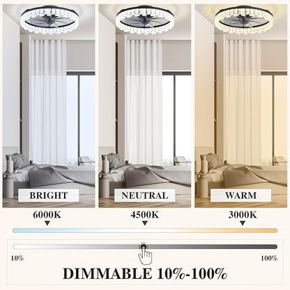 Ceiling Fans with Lights and Remote Fandelier - Black Crystal 20'' Flush Mount Low Profile Modern Ceiling Fans for Bedroom - Stepless Color Temperature and 6 Speeds