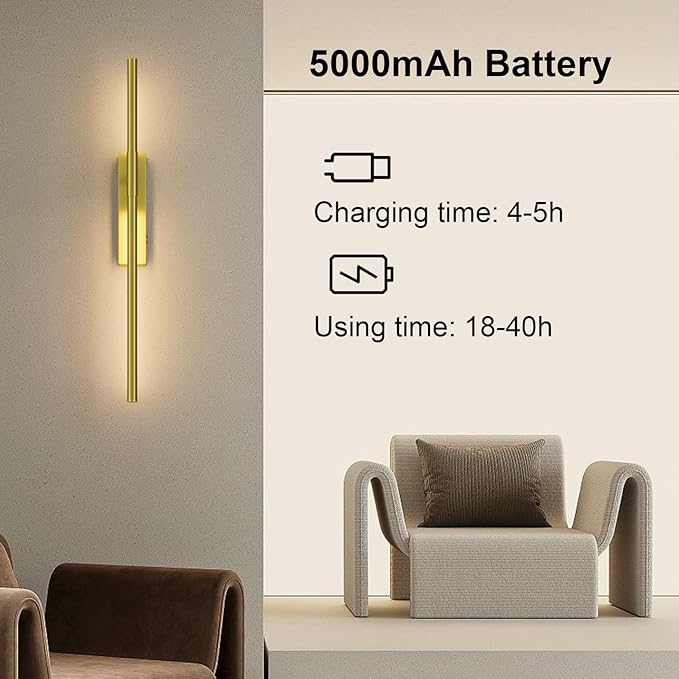 Battery Operated Wall Sconces, 1 Pack USB Rechargeable Wall Lights, Dimmable Wireless Linear Wall Lamp Indoor for Living Room, Bedroom, Hallway, Gold