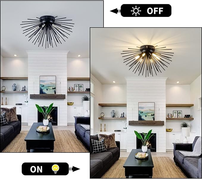 CM MZY Black Flush Mount Ceiling Lights, Mid Century Starburst Sputnik Chandeliers, 6-Light Close to Ceiling Lighting Fixtures for Bedroom Kitchen Hallway Entryway Closet, G9 Socket