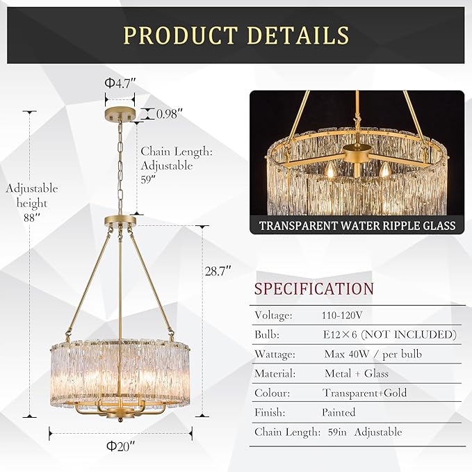 CATINER 20" Crystal Glass Chandelier Modern 6-Light Gold Drum Chandeliers Luxury Ceiling Pendant Lighting for Entryway Foyer Dining Room Bedroom Kitchen