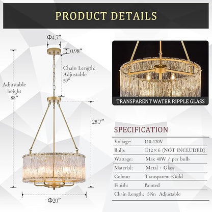CATINER 20" Crystal Glass Chandelier Modern 6-Light Gold Drum Chandeliers Luxury Ceiling Pendant Lighting for Entryway Foyer Dining Room Bedroom Kitchen