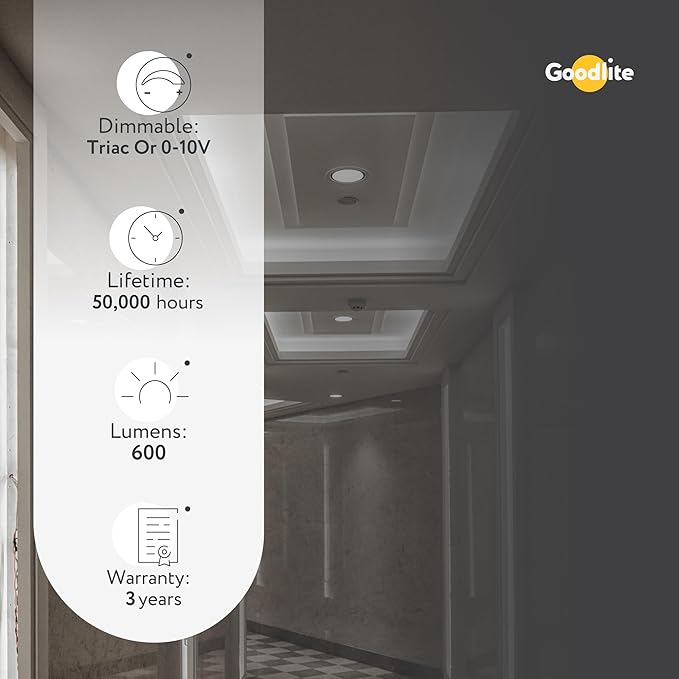 Goodlite 3-inch LED Fire-Rated, Round Slim - Recessed 8W Downlight, 120-277V, CRI 90+, ETL Listed, Dimmable Triac & 0-10V, 600 Lumens, 5CCT 27K-30K-35K-41K-50K, 50k Hr, Equal to 50W, 1ct (G-96921)
