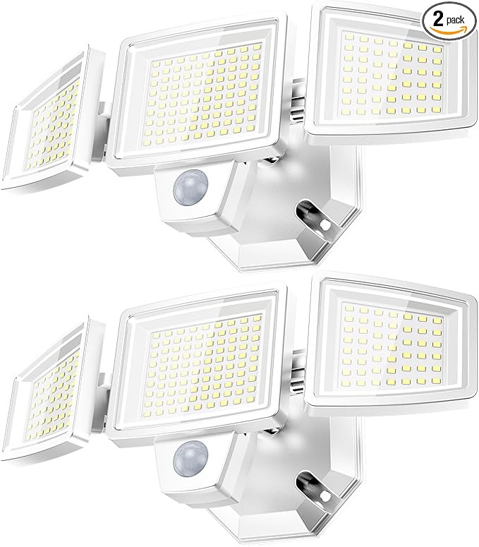 LED Security Lights Motion Sensor Outdoor Lights, 6500K Daylight, IP65 Waterproof, Dusk to Dawn, 3-Head Motion Detected Flood Light for Garage, Yard, Porch, White, 2 Pack