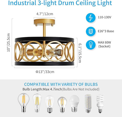 XINGQI 13" Modern Semi Flush Mount Ceiling Light Fixture, Black and Gold Drum Chandelier with Metal Shade Farmhouse Round Ceiling Lamp for Living Dining Room Bedroom