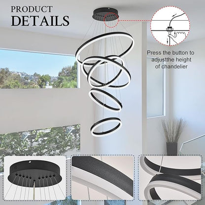 Modern LED Chandelier for Foyer Dimmable Black High Ceiling Chandeliers Foyer with Remote Control for Entryway Dining Room Living Room Staircase, 3000K-6500K(5-Rings D23.6’’)