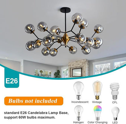 hesoge 20 Light Extra Large Sputnik Chandelier Mid Century Modern Black and Gold Ceiling Light Fixture with Glass Globe Pendant Light Hanging for Dining Room Kitchen Living Room Foyer.
