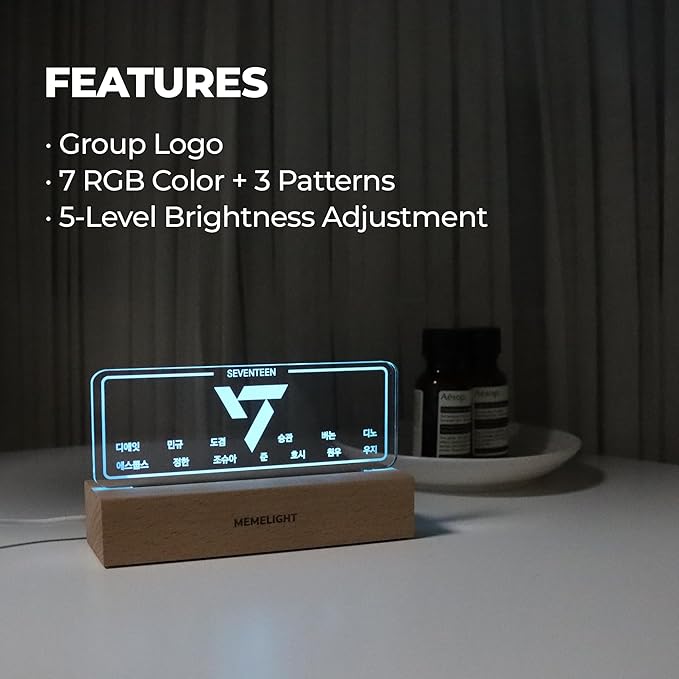 Seven.Teen Night Light, Kpop Merchandise, Korean Idol Lamp for Carat, 7RGB Color, Dimmer, 8.3 x 4.2 x 1.7