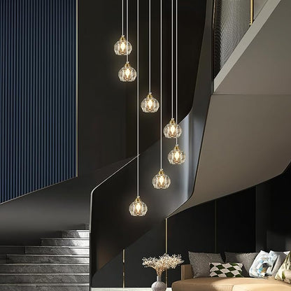 Weesalife Crystal Chandeliers for Staircases, 7-Light Gold Modern Chandeliers for High Ceilings，Crystal Pendant Light Fixture for Living Room Kitchen Island Foyer Hallway Bar