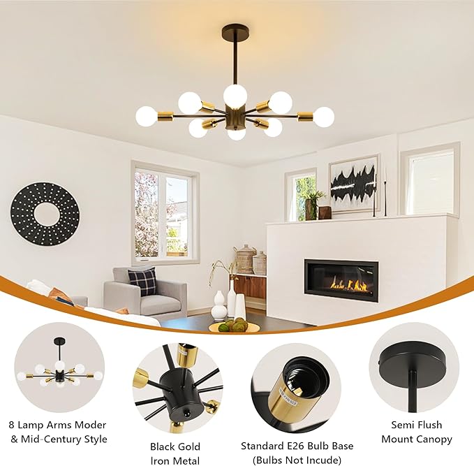 DELIPOP Modern Sputnik Chandelier, 8-Light Industrial Metal Semi Flush Mount Ceiling Light, E26 Base Sputnik Ceiling Light Fixture for Dining Room Bedroom Foyer Hallway Living Room