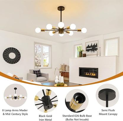 DELIPOP Modern Sputnik Chandelier, 8-Light Industrial Metal Semi Flush Mount Ceiling Light, E26 Base Sputnik Ceiling Light Fixture for Dining Room Bedroom Foyer Hallway Living Room