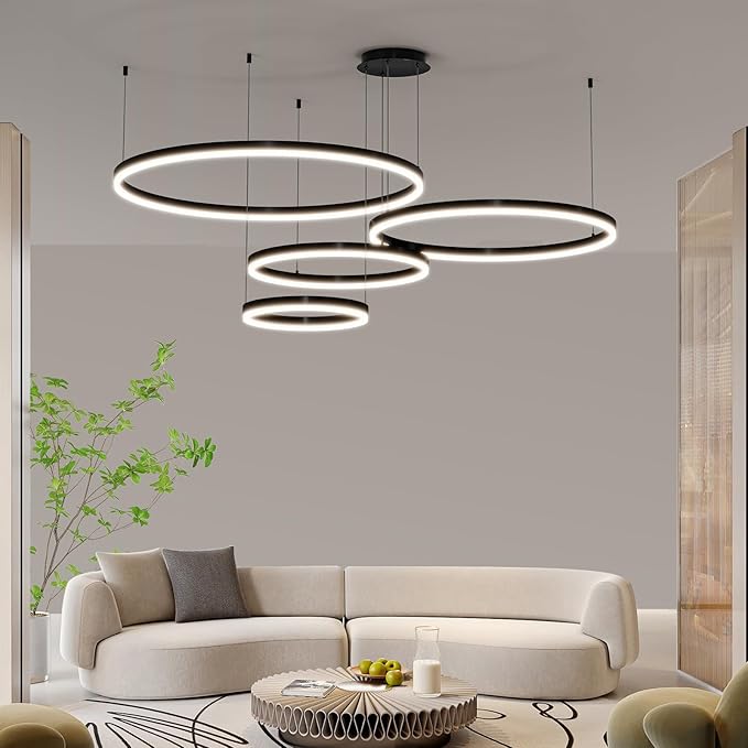 Mikeru Modern 4 Ring Chandelier Light, LED Pendant Light Fixtures with Remote Control 3000k-6500K Adjustable Color Temperature Light for Living Room, Kitchen (11.8+15.7+23.6IN+31.5in)