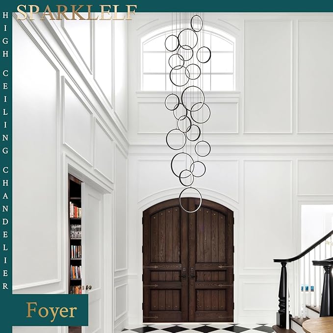 20 Rings Modern LED Chandelier for High Ceiling Dimmable Black Contemporary Foyer Long Chandelier for Entryway, Long Pendant Light Fixture Staircase Dining Living Room, 3000-6500K