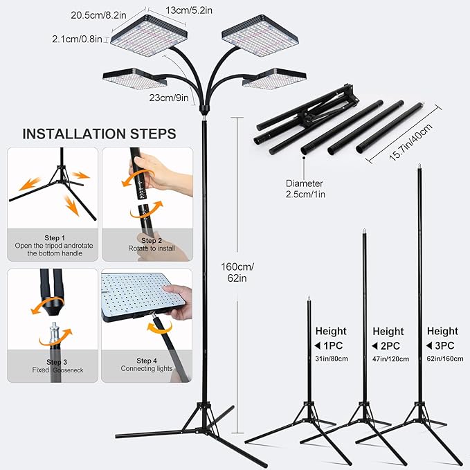 FECiDA 2026 4Head Grow Lights with Upgraded Stand, Big Coverage Grow Lights for Indoor Large Plants, Bonsai Tree, 4/8/12/16/20 Hr Timer, 100 Watt Power Draw, NO Need Adapter, 24"-76" Height Adjustable