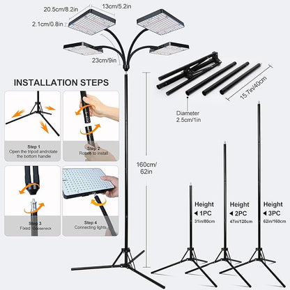 FECiDA 2026 4Head Grow Lights with Upgraded Stand, Big Coverage Grow Lights for Indoor Large Plants, Bonsai Tree, 4/8/12/16/20 Hr Timer, 100 Watt Power Draw, NO Need Adapter, 24"-76" Height Adjustable