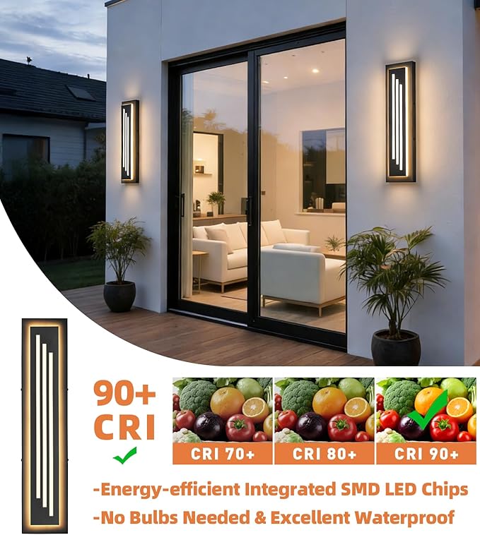 tewei 23.6'' Outdoor Wall Lights Modern Black LED Outdoor Wall Sconce, Large Long Exterior Lighting Fixtures, 3000K Waterproof Front Porch Lights Outside Lights for House, Garage, Indoor, 2 Pack