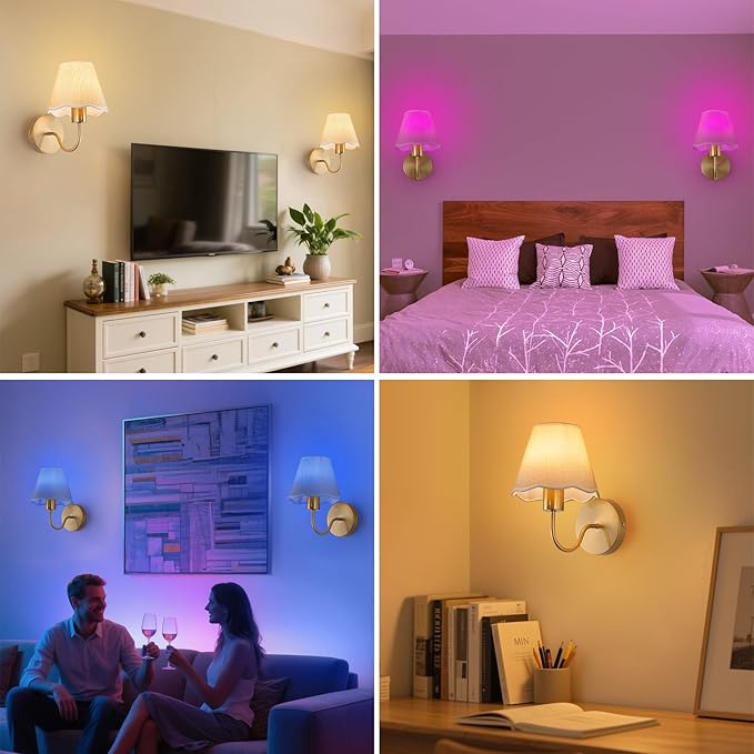 ADISUN Battery Operated Wall Sconce Set of 2, Gold Wall Lamps Rechargeable Bulbs for Living Room, Cream Rattan Shade, Wireless Wall Lights for Bedroom Living Room Hallway Kitchen(2 Bulbs Included)