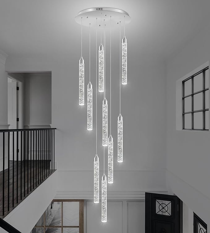 Crystal Staircase Chandelier, Modern Chrome Spiral Dimmable LED Cluster Raindrop Foyer Chandelier Lighting, Bubble Living Room Hanging Light Fixture 9 Light Remote Control