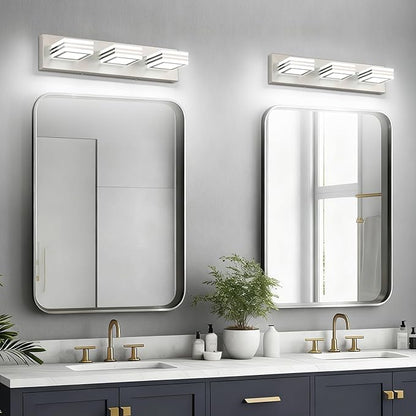 SOLFART LED Bathroom Vanity Light Fixtures： 3 Light Brushed Nickel Modern Acrylic Bathroom Wall Lighting Fixtures Over Mirror 20in