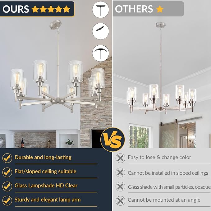 Brushed Nickel Chandeliers for Dining Room | 8 Lights Living Room Light Fixture Over Table | Farmhouse Chandelier with Clear Glass Shade | Hallway Lighting for Kitchen Island | Bedroom | Restaurant