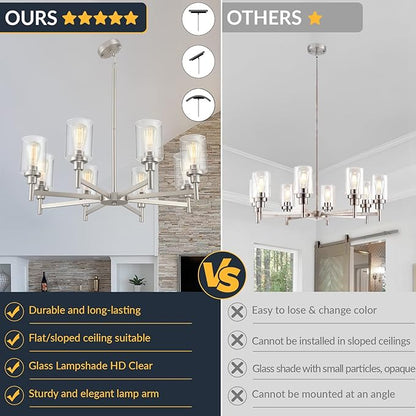 Brushed Nickel Chandeliers for Dining Room | 8 Lights Living Room Light Fixture Over Table | Farmhouse Chandelier with Clear Glass Shade | Hallway Lighting for Kitchen Island | Bedroom | Restaurant