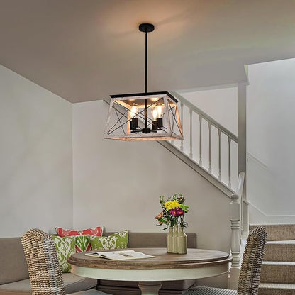 Luupyia 17.72Inches Farmhouse Pendant Light, Height Adjustable, White Rectangular Rustic Chandeliers Farmhouse Light Fixture Vintage Island Lighting for Dining Room Entryway Living Room 4-Lights E26