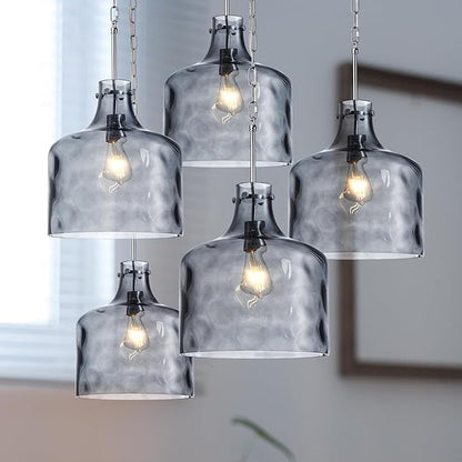 CATINER 16" Extra Large Farmhouse Pendant Light – Hand-Blown Smoked Gray Hammered Glass Shade, Polished Chrome Finish, Adjustable Chain Hanging Light Fixture for Kitchen Island, Dining Room, Hallway