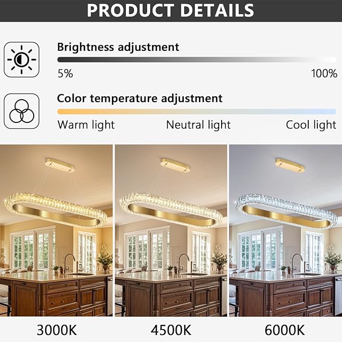 32'' Oval Ring Crystal Chandelier Modern LED Dimmable Ring Pendant Light Chandelier for Dining Room Living Room Gold