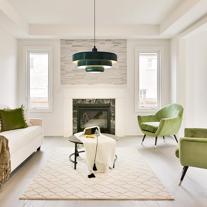 Mid Century Pendant Light Fixtures Ceiling Pendant Lighting 3-Layer Metal Shade Design Vintage Flush Mount Light for Dining Table Kitchen Island Hallway (Green)