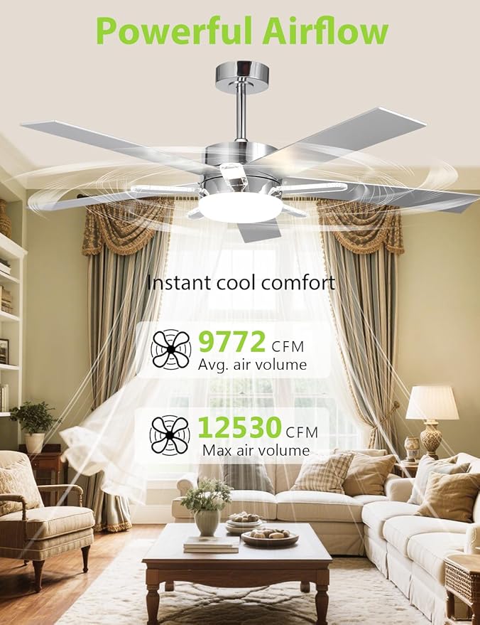 52-Inch DC Motor Ceiling Fan with LED Light and Remote, 5 Silver Plywood Blades, Reversible, Chrome Finish, 3 Color Temperatures, Dimmable Lighting, Energy Efficient Indoor Ceiling Fan