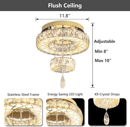 HAIXIANG Modern Glam Ceiling Chandelier Bedroom Light Fixtures Crystal Flat Sloping Ceiling Lights for Hallway Kitchen Dining Room Dimmable Light with Remote Gold
