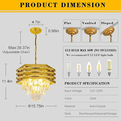 15.75" Gold Crystal Chandelier 5-Light Modern Crystal Pendant Light 3-Tier Luxury K9 Hanging Dining Room Lighting Fixtures for Bedroom Living Room Office Hallway Foyer Entryway Kitchen Sink