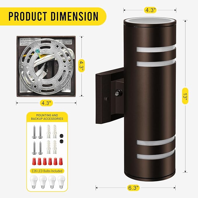 Outdoor Wall Sconce, Dusk to Dawn Up and Down Outdoor Wall Light, IP65 Waterproof LED Exterior Lighting Fixtures, Bronze Modern Wall Sconces 2 Pack for Hallway, House, Porch, Backyard, Garage