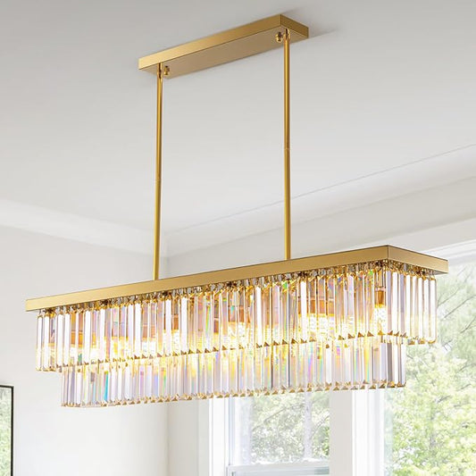 Siljoy Rectangular Gold Crystal Chandelier for Dining Room, 12-Light Modern Rectangle K9 Crystal Raindrop Chandelier Dimmable Ceiling Light for Living Room Kitchen Island, L47'' x W10'' x H10''