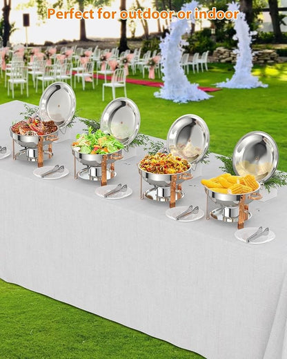 5QT 4 Packs Chafing Dish Buffet Set, Round Stainless Steel Chafers and Warmers Food Servers Sets with Lid & Lid Holder, Spoon & Tweezer for Catering Events Parties Weddings Dinners (Rose Gold, 4 Pack)