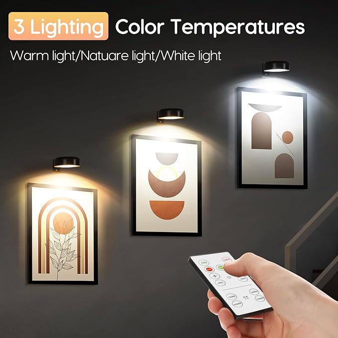 Arixinks Wireless Picture Light Rechargeable for Painting Art Dispaly with Remote Control, Wall Light Painting Lighting with 3 Lighting Colors Brightness Dimmable Timer Off for Portrait Frame