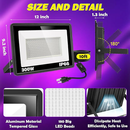 2 Pack 300W LED Black Light, IP66 Waterproof Outdoor Blacklight Flood Light Spotlight with Plug, Switch, Cord for Neon Glow Party Fluorescent Poster Body Paint Stage Lighting Halloween Decor