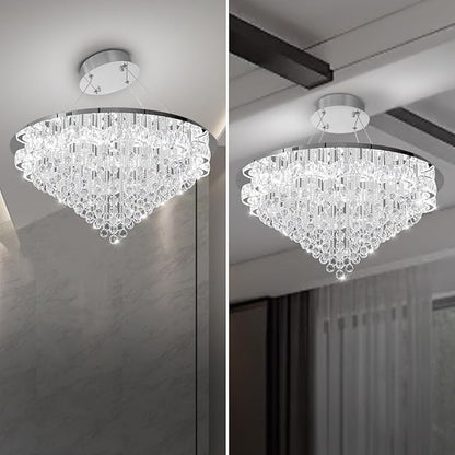 Flashing God 48inches Chrome Crystal Chanderliers for Living Room Entryway Modern Crystal Folwer Ceiling Light for Foyer Interior LED Dimmable Lighting 2700k 4500k 6000k