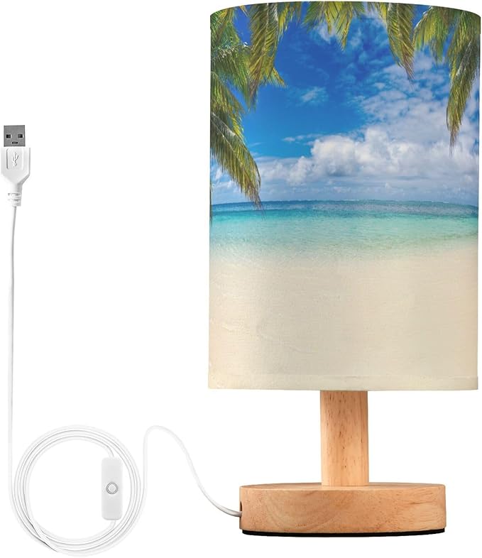 Beach Summer Cloud Blue Sky Ocean Palm Tree Table Lamp with Wood Base Fabric Lamp Shade Bedside Nightstand Desk Lamp for Living Room Bedroom Kids Room Office
